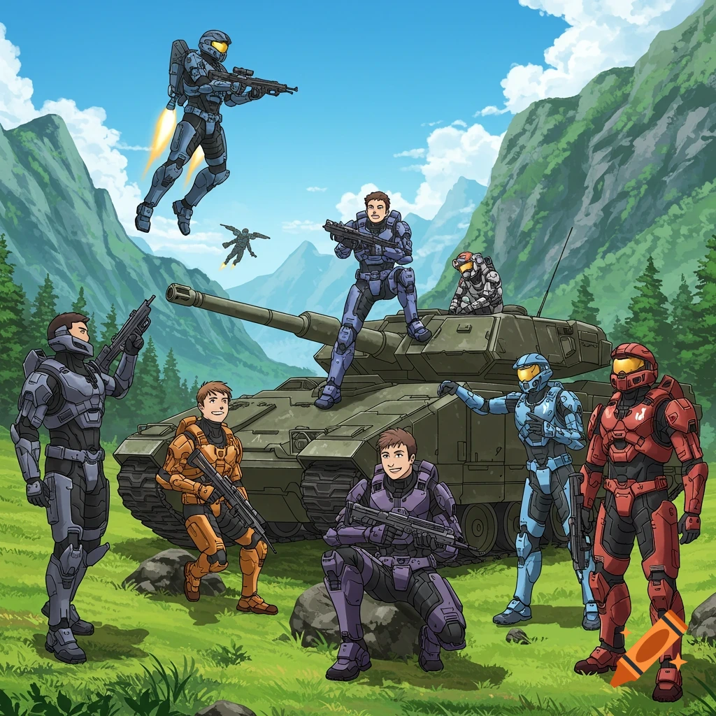 Anime-style digital illustration of multiple Spartans in armor gathered around a tank in a mountainous landscape.