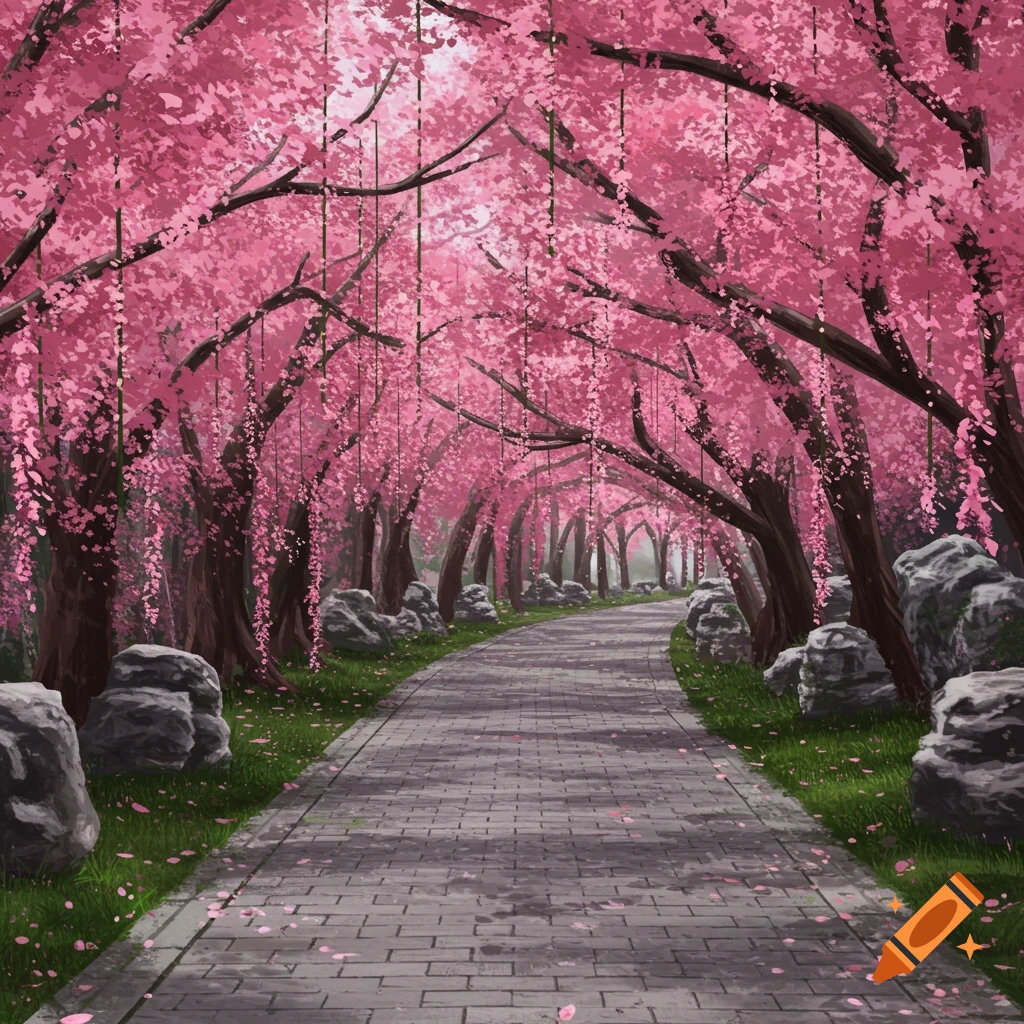 A stone pathway curves through a garden lined with trees bearing abundant pink blossoms.