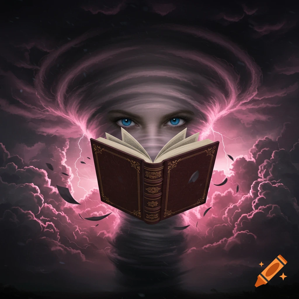 Eyes looking over an open book held in a swirling purple tornado surrounded by lightning and dark clouds.