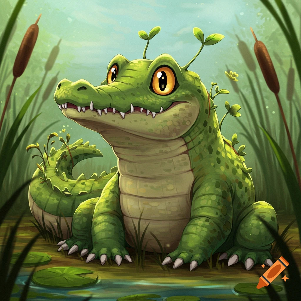 Cartoon grass gator sits in a swamp with lily pads and cattails.
