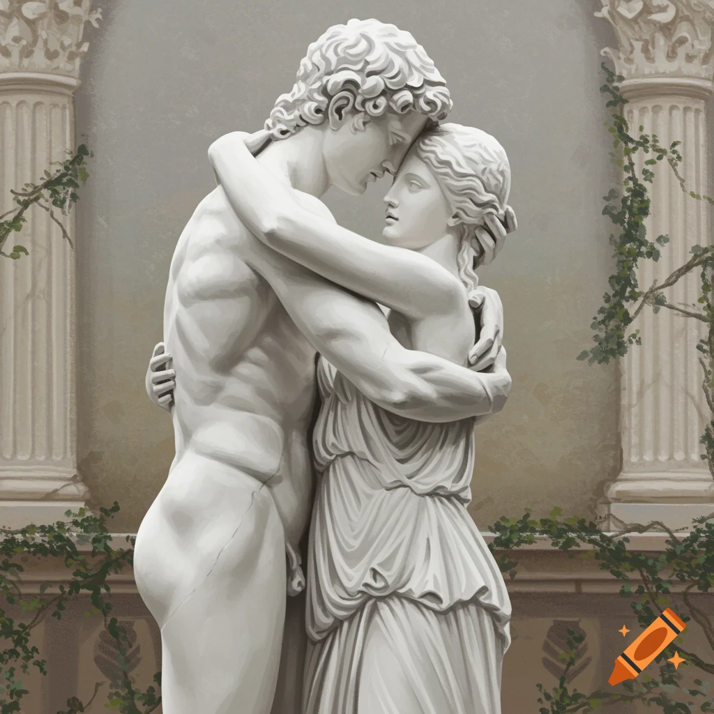 White marble statue of a man and woman embracing, with classical columns and ivy in the background.