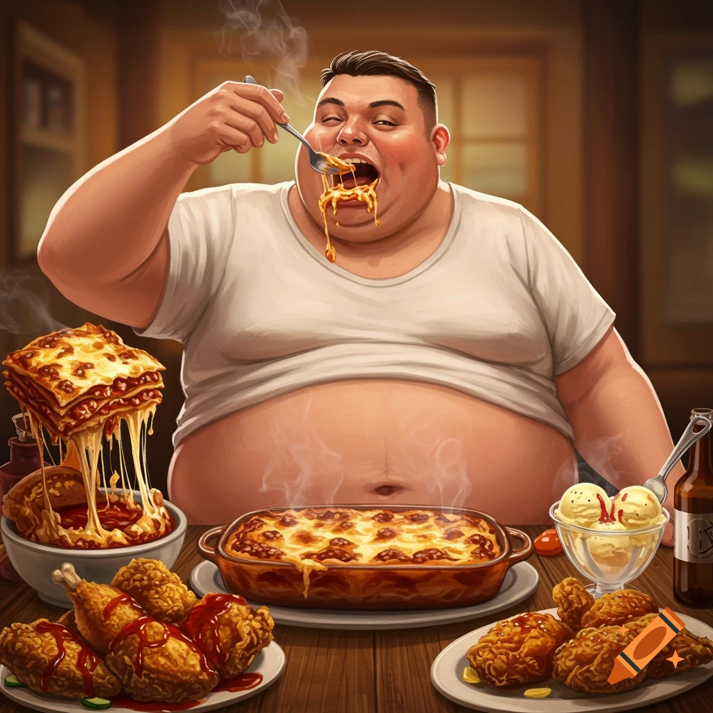 An illustration of a very fat man eating a large meal of lasagna, fried chicken, and ice cream.