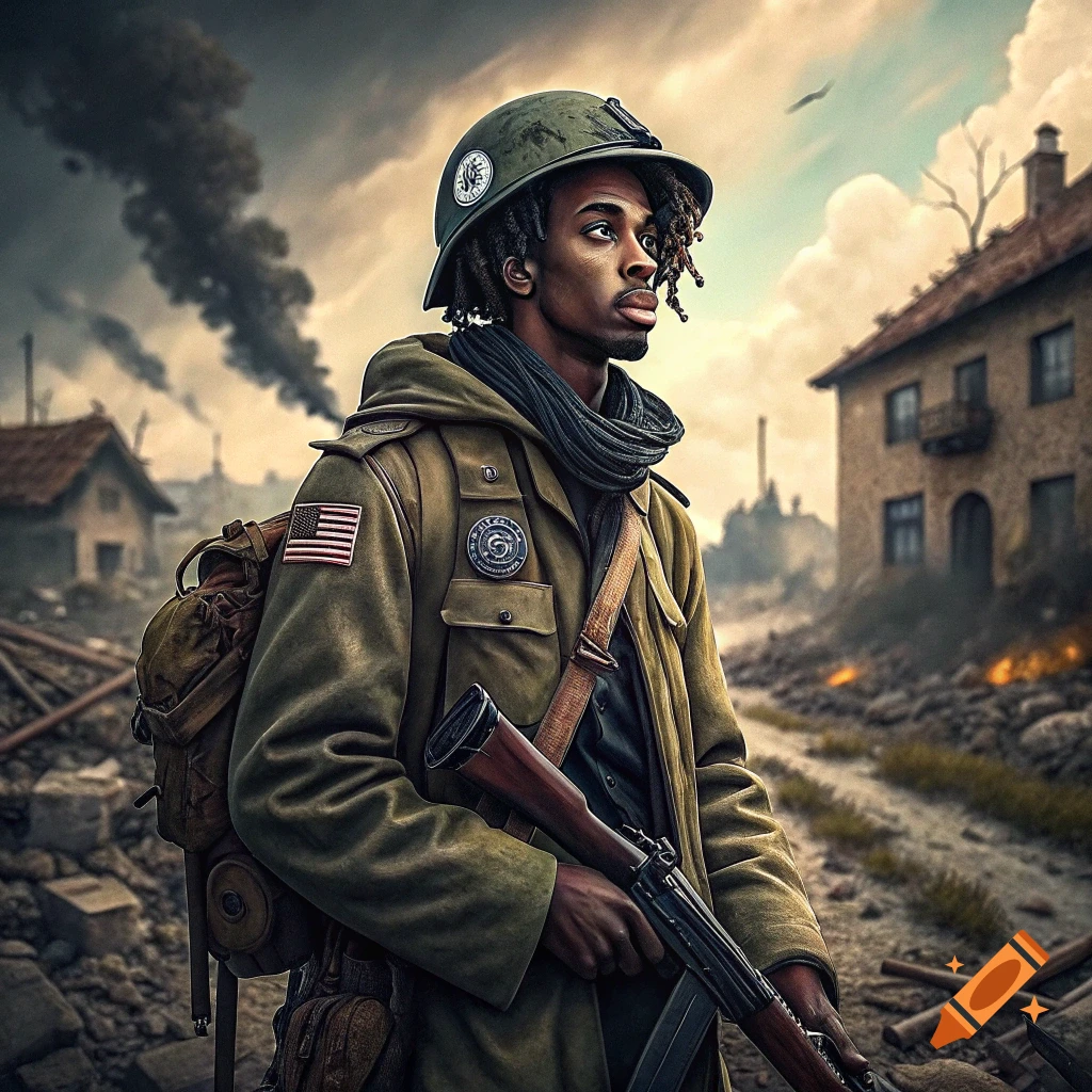Young Black man in WWII soldier uniform with rifle in war-torn city