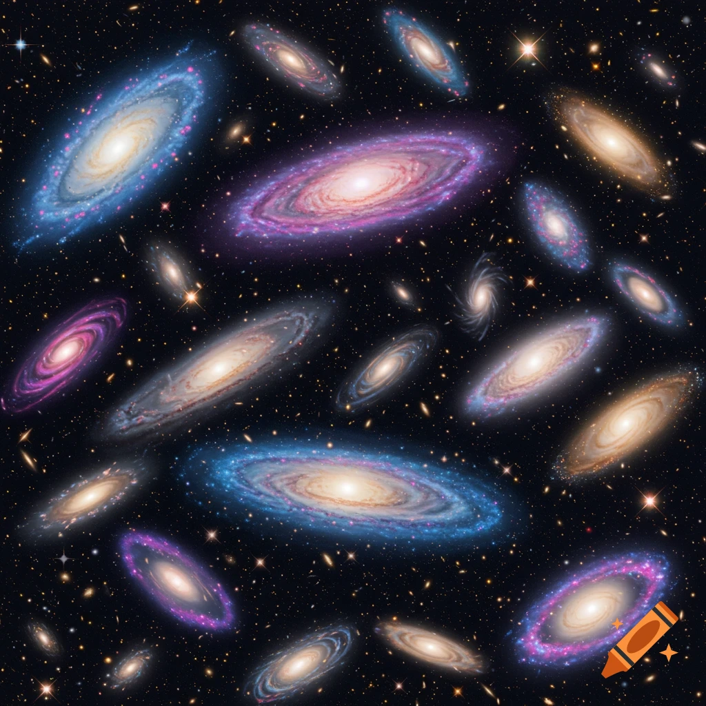 Numerous colorful spiral and elliptical galaxies in deep space.