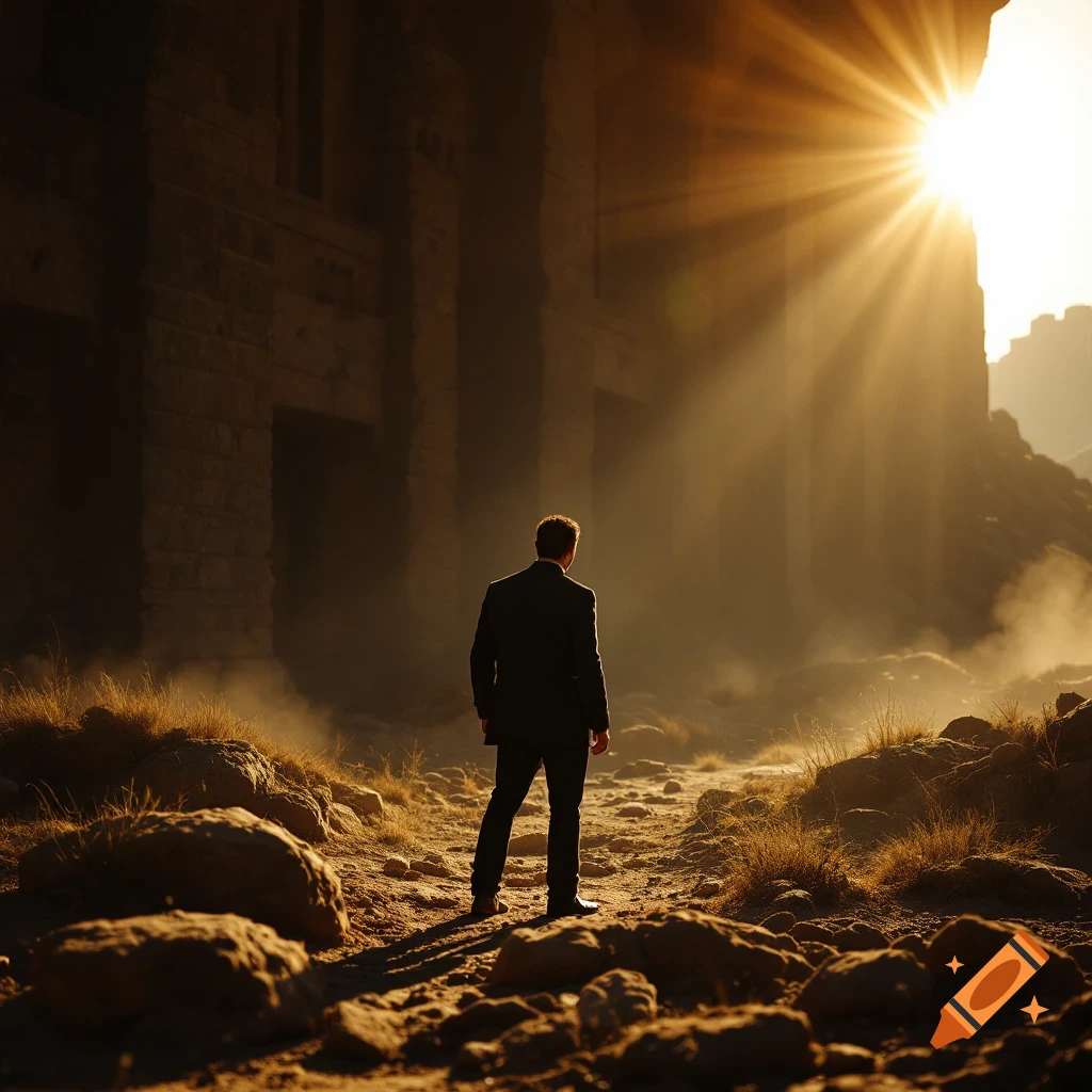 Man in suit stands in a rocky desert landscape looking at ancient ruins under bright sun rays.