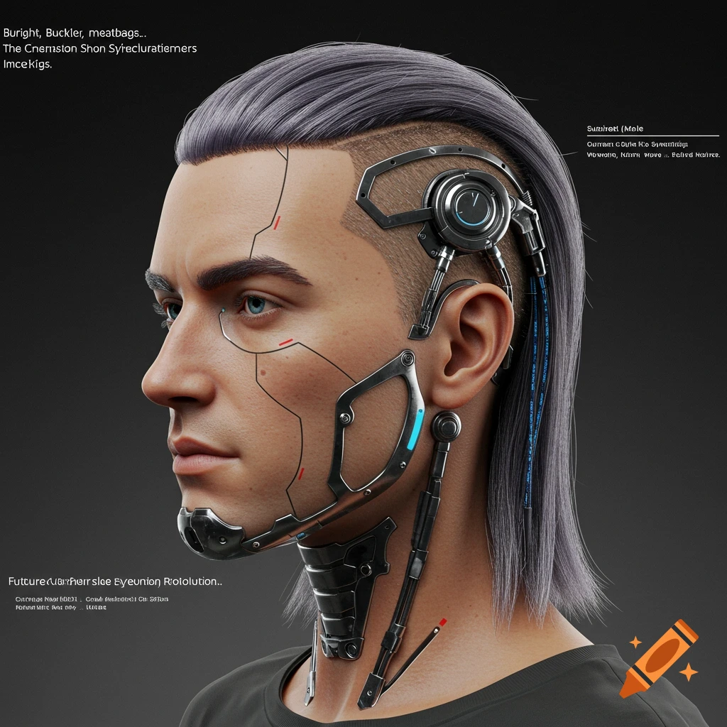 Close-up portrait of a futuristic male cyborg face.