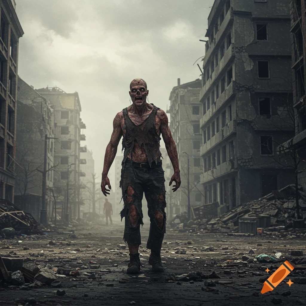 A zombie walks through a ruined city street in a photorealistic style.