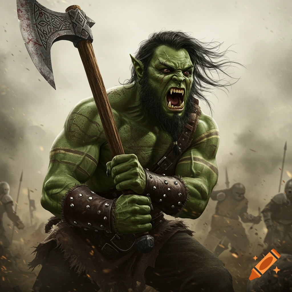 A green-skinned half-orc barbarian screams and holds a bloody battle axe in a smoky battle.