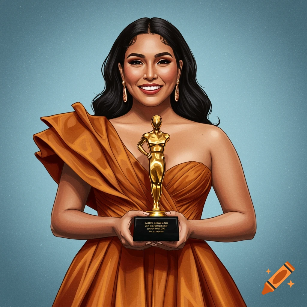 Illustrated portrait of a woman in an orange dress holding a golden award statue.