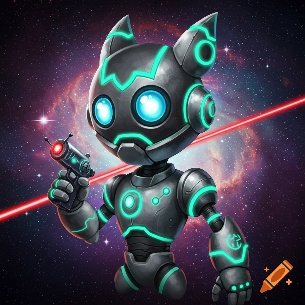 A cartoon robot cat holds a laser gun in space with nebulae and stars.