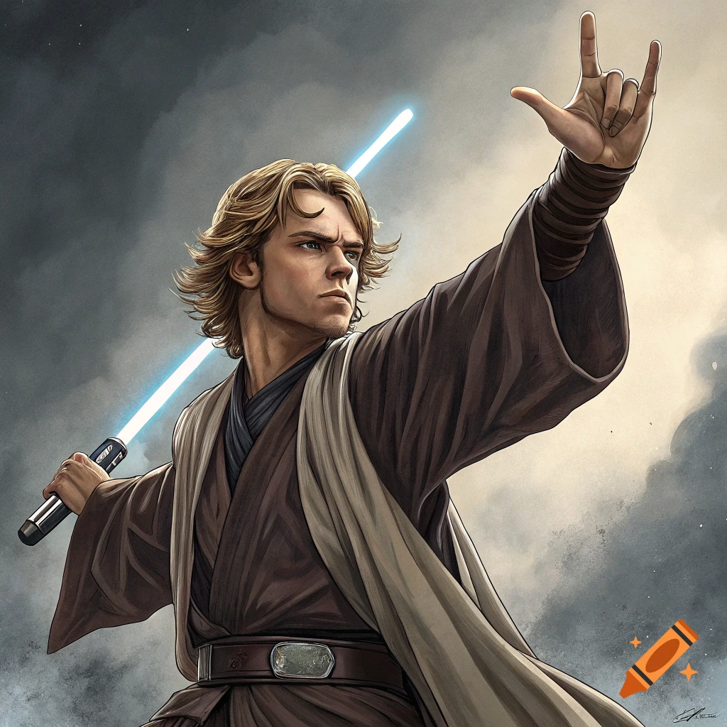 Digital illustration of Anakin Skywalker holding a lightsaber and making the rock on hand gesture against a cloudy sky.