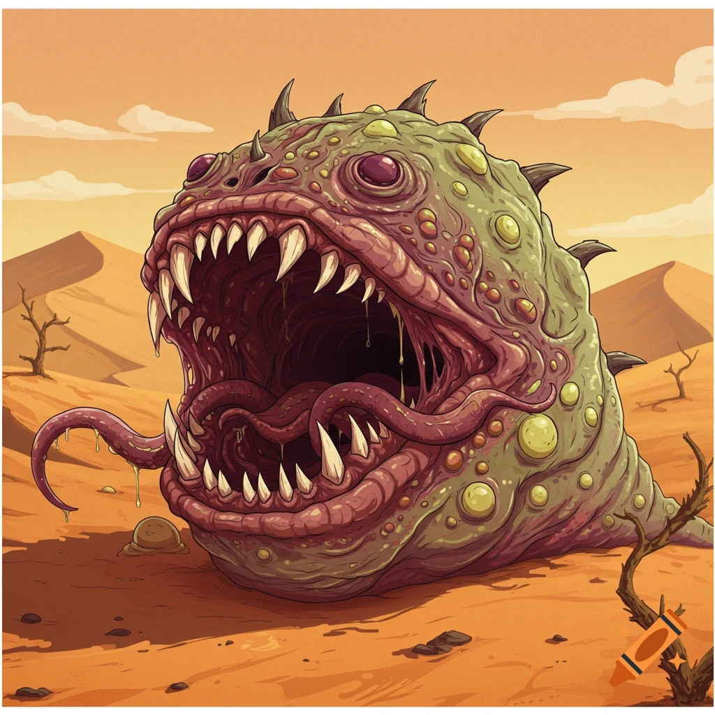 A large, green monster with many eyes, sharp teeth, and tentacles emerges from the sand in a desert.