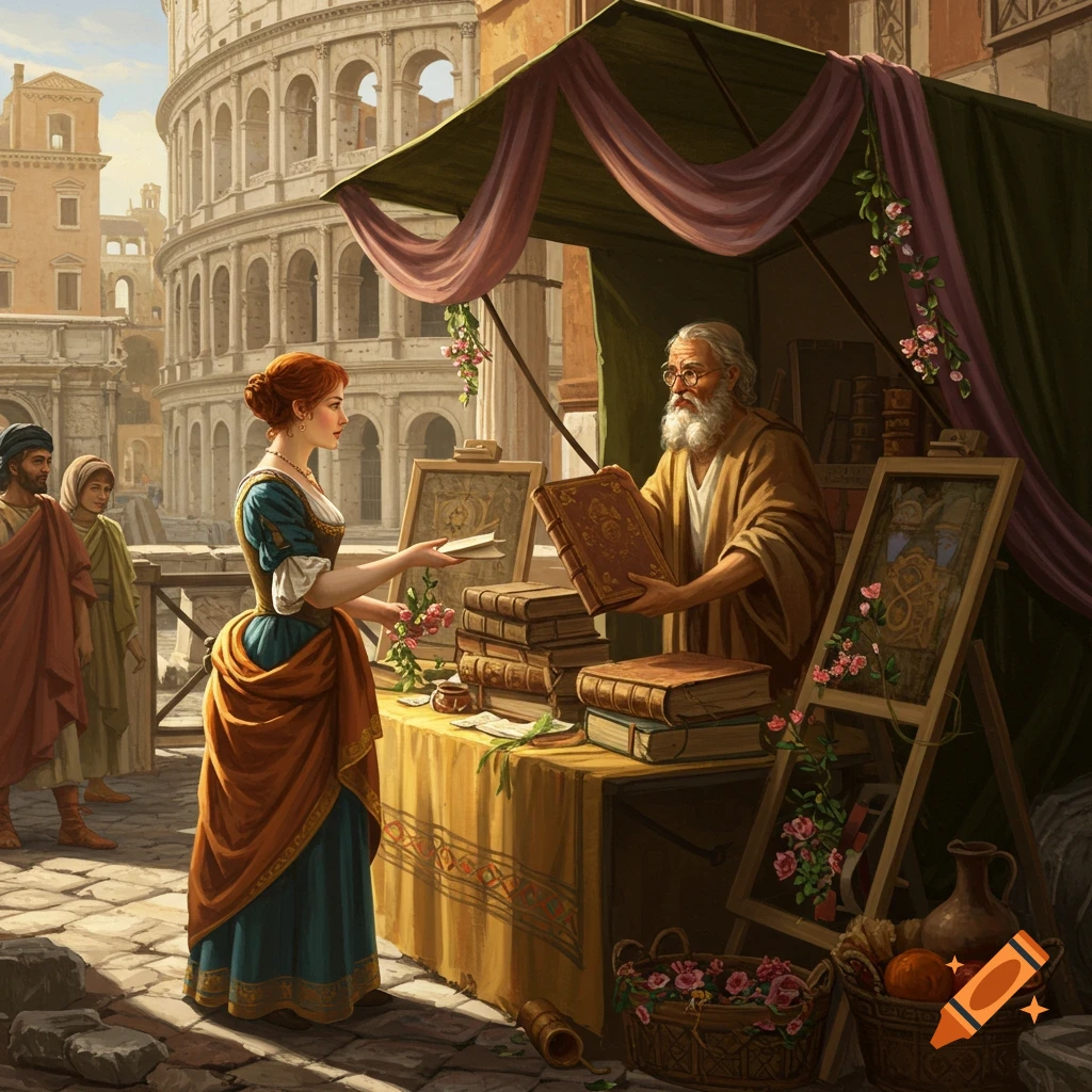 Painting of people buying books at a market stall in Ancient Rome with the Colosseum in the background.