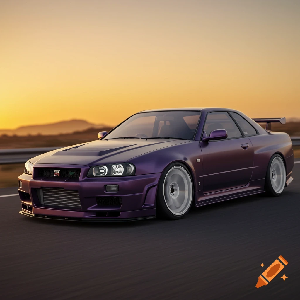 A purple Nissan Skyline R34 driving on a road at sunset.
