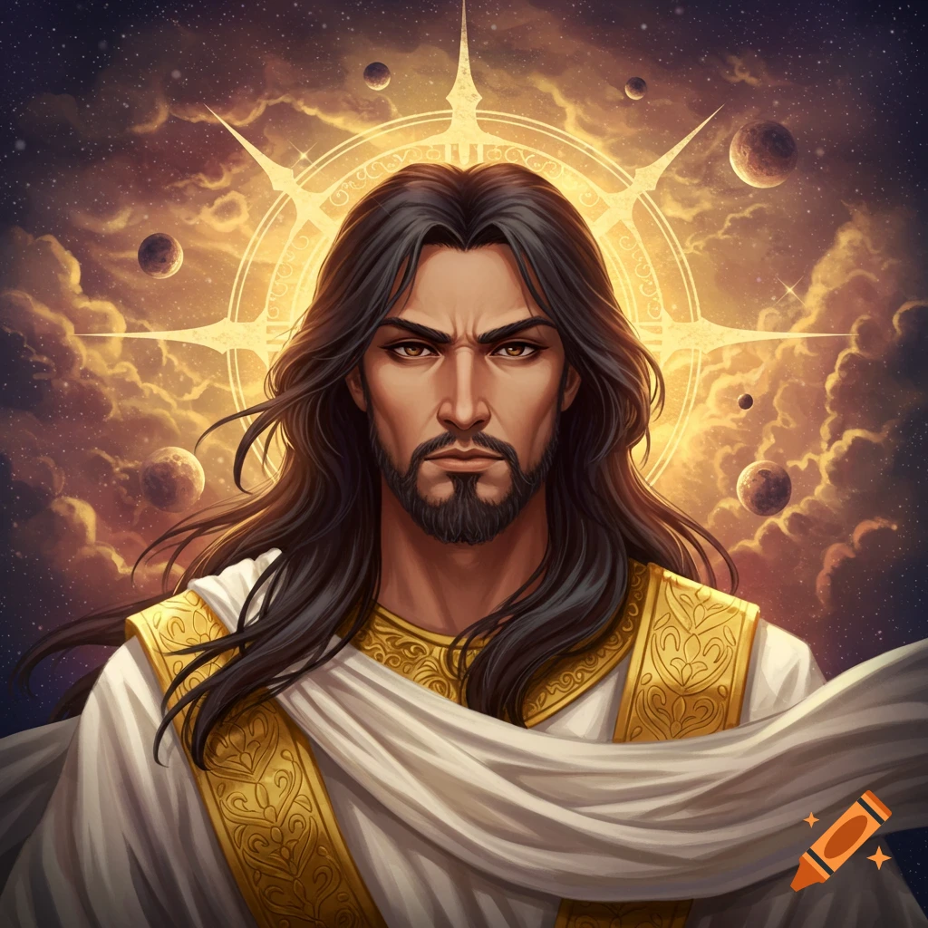 Illustration of a figure resembling Jesus or God with a halo in a celestial sky with planets and clouds.