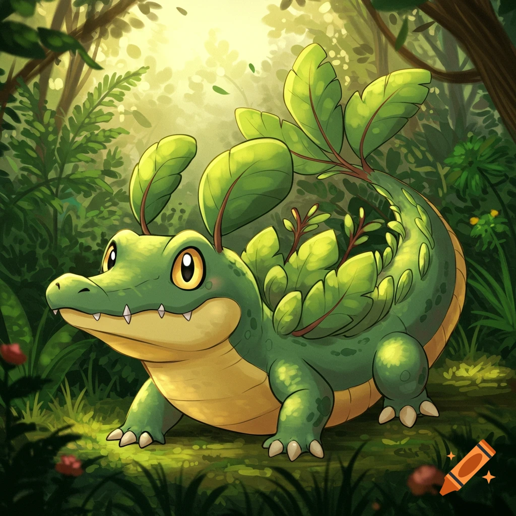 A cartoon green alligator creature with large leaves on its back sits in a sunny jungle.