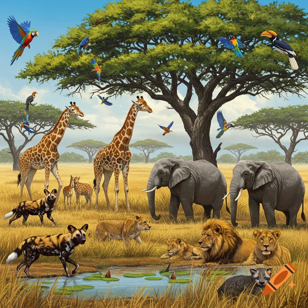 A savanna landscape with giraffes, elephants, lions, wild dogs, and birds near a watering hole.