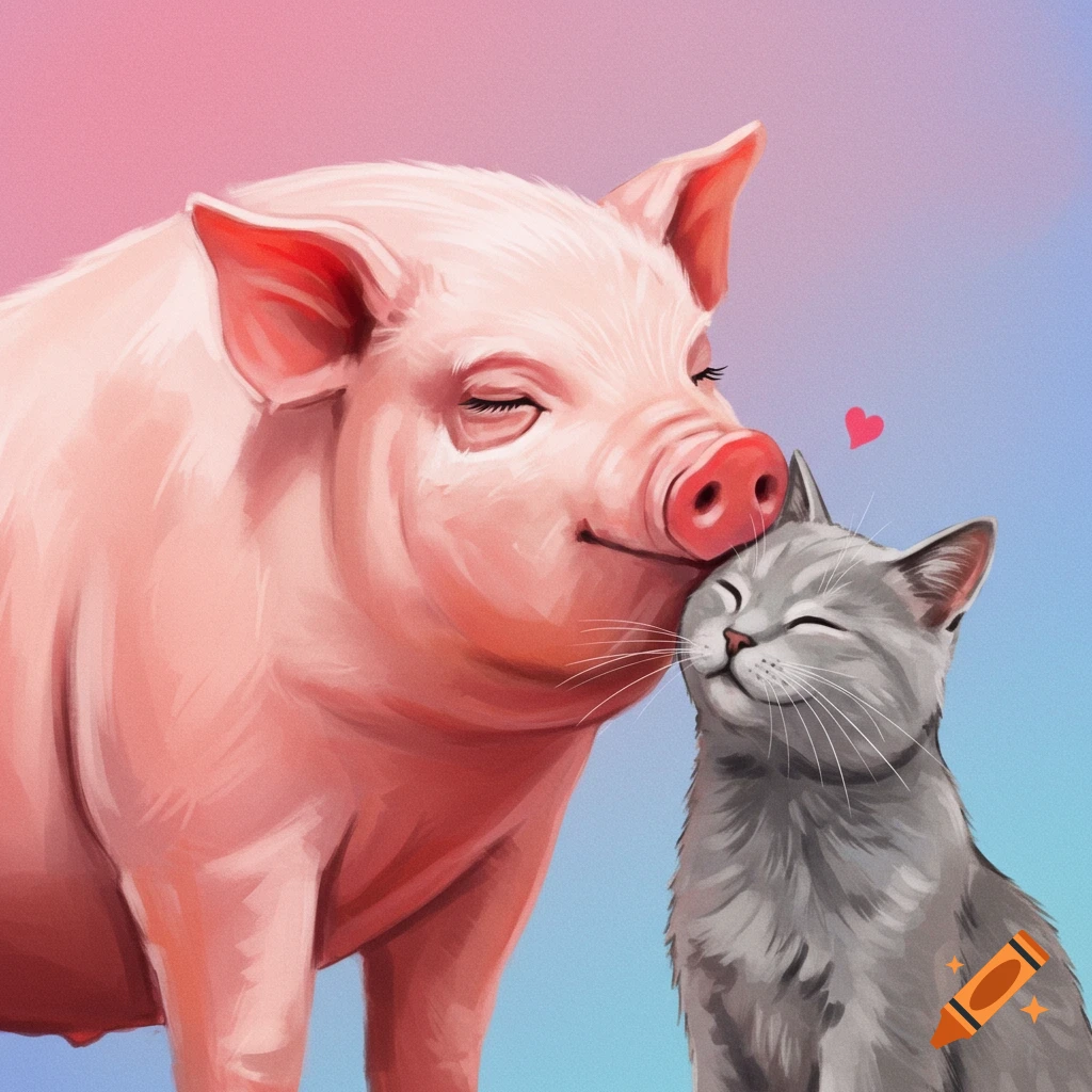 A large pig is nuzzling a small gray cat.