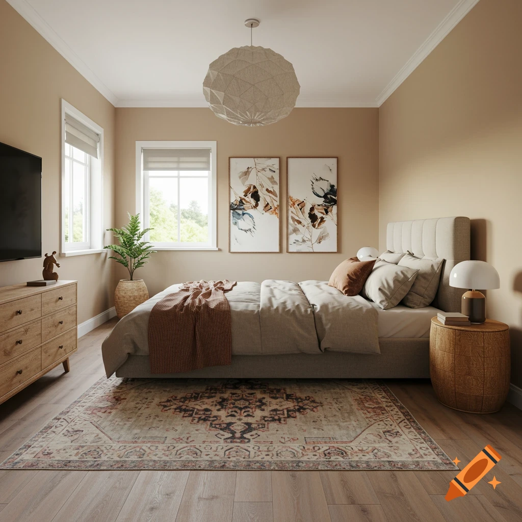 A boho-contemporary style bedroom with a bed, dresser, windows, and rug.