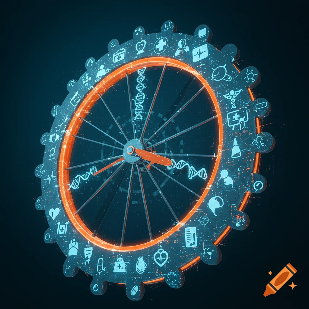 Abstract digital wheel with glowing orange ring and healthcare icons and clock hands