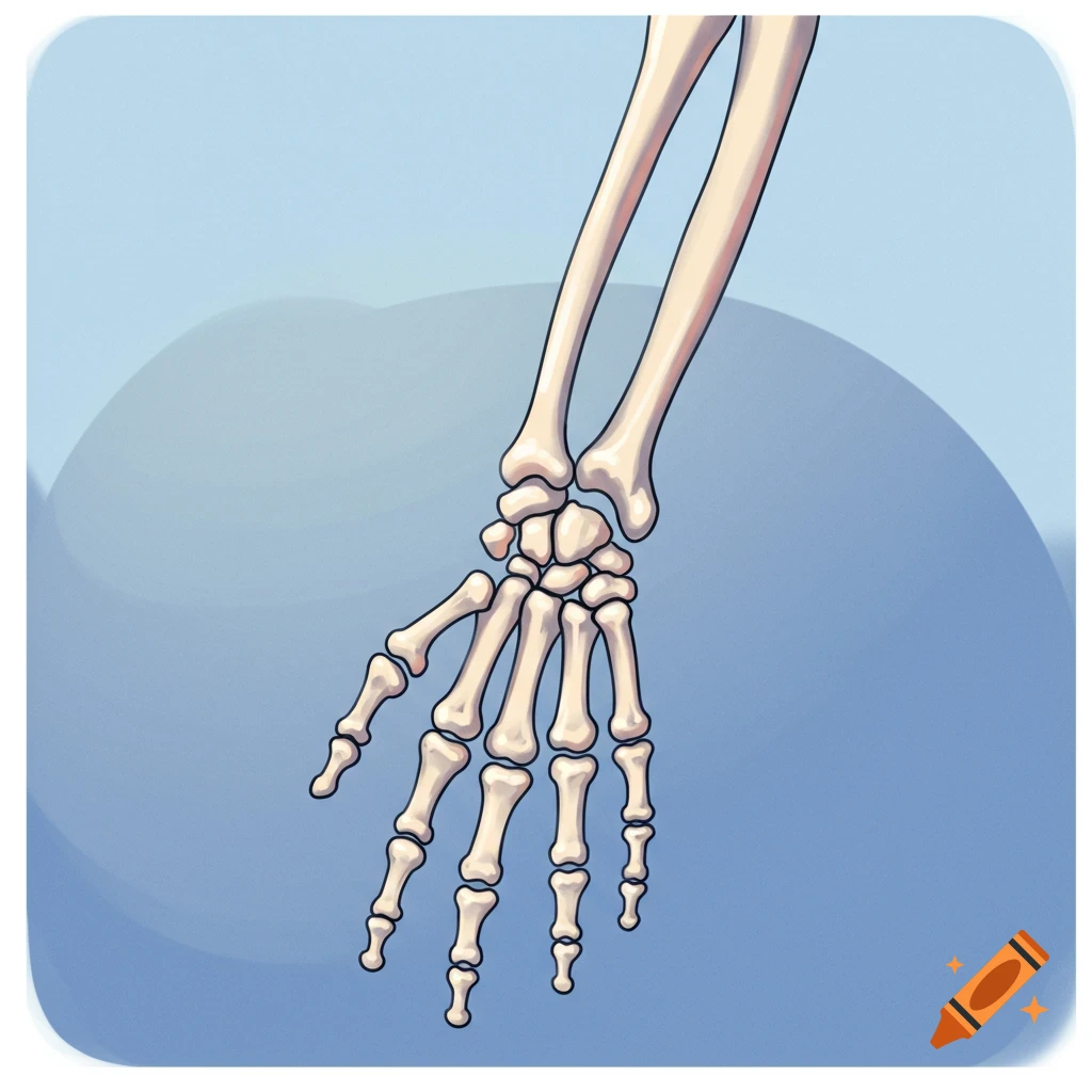 Illustration of a human arm skeleton in clip art style.