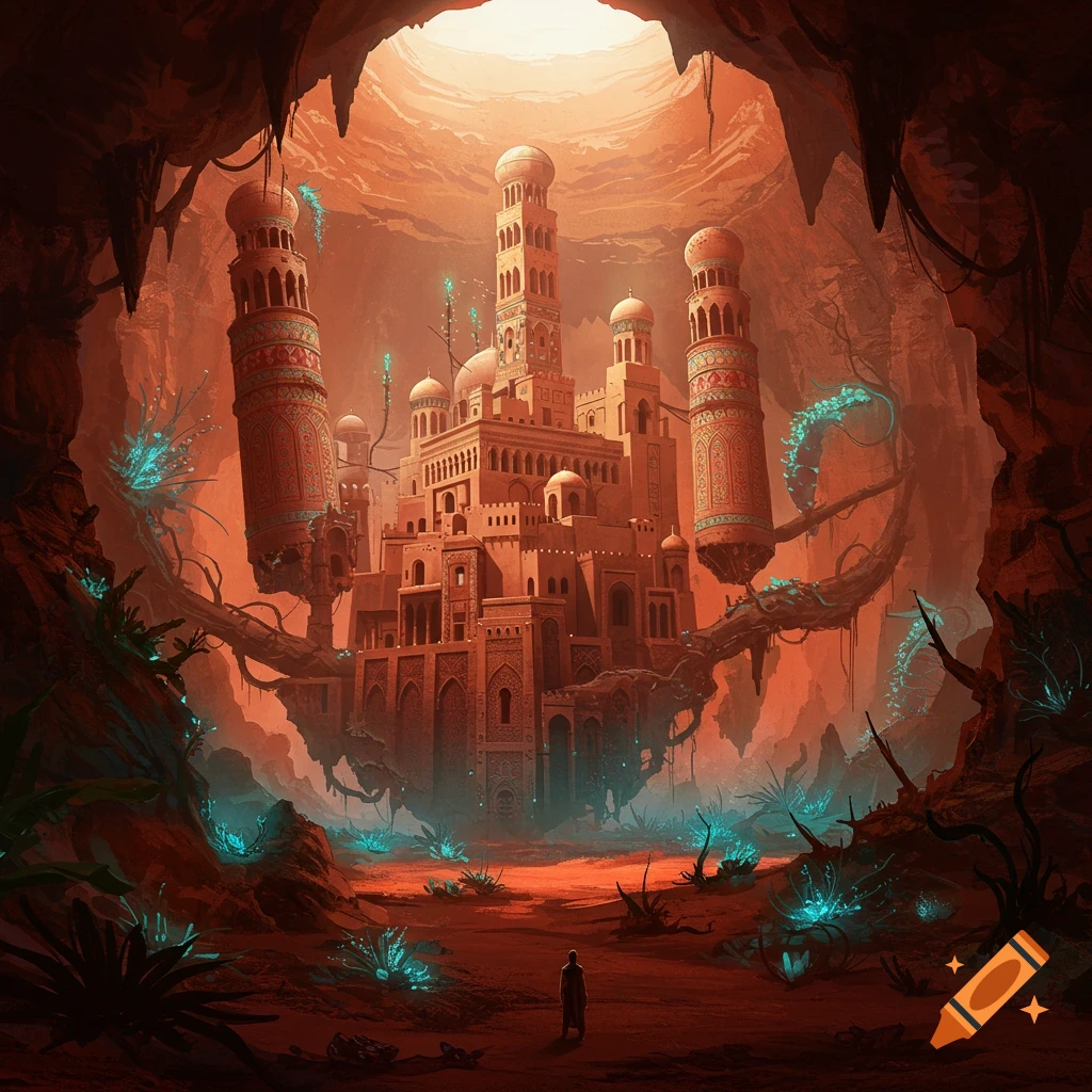 An ancient castle structure with minarets floats within a red Martian cavern filled with glowing blue exotic plants. A small figure stands in the foreground.