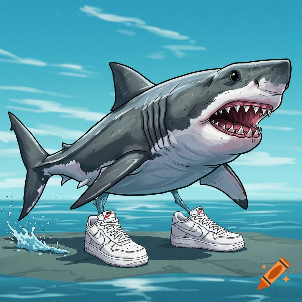 Cartoon great white shark standing on land wearing white athletic shoes
