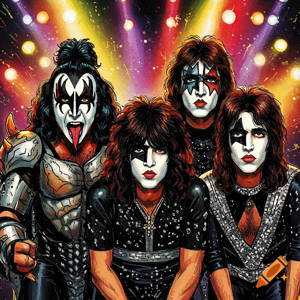 Four band members in Kiss makeup and costumes on stage with bright lights.
