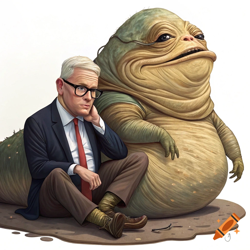 A man in a suit and tie sits next to a large, slug-like fantasy creature similar to Jabba the Hutt.