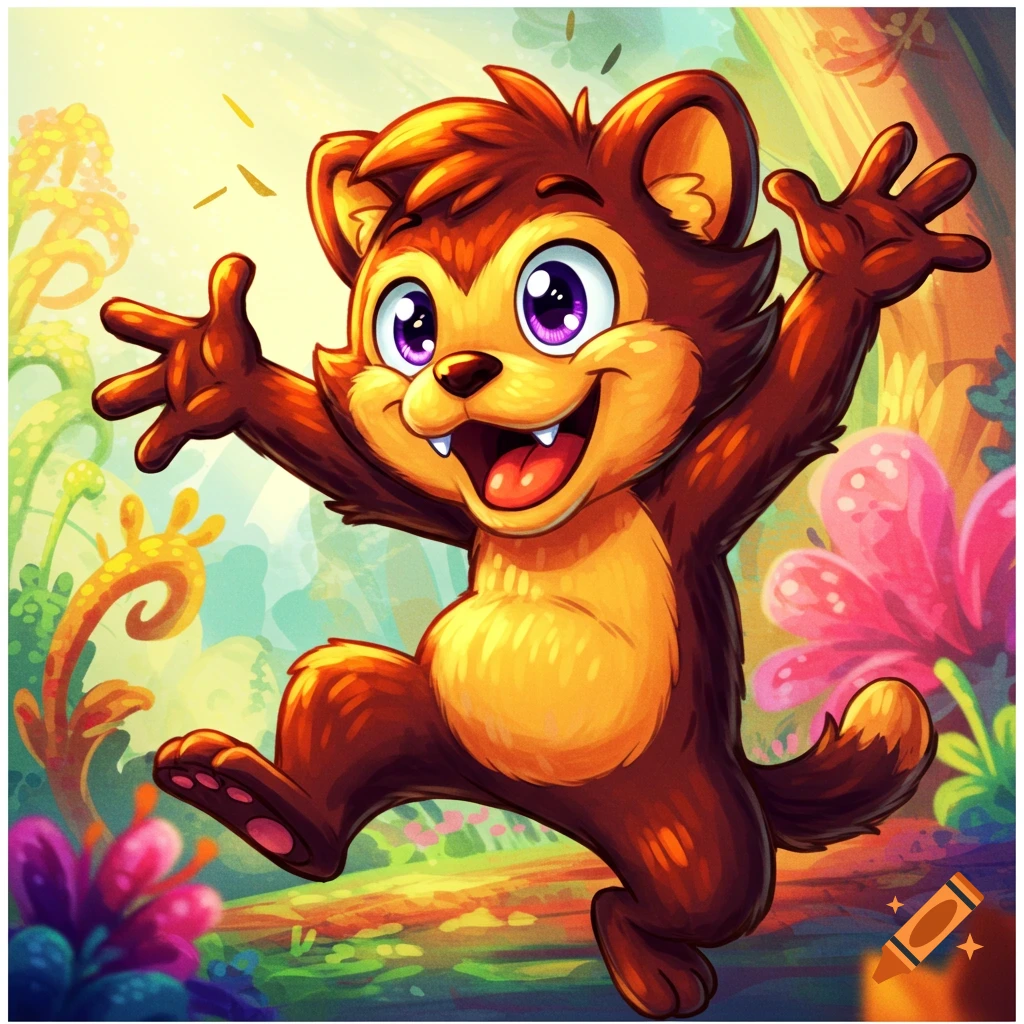 A cute cartoon badger character jumps happily in a colorful, vibrant forest with stylized plants.