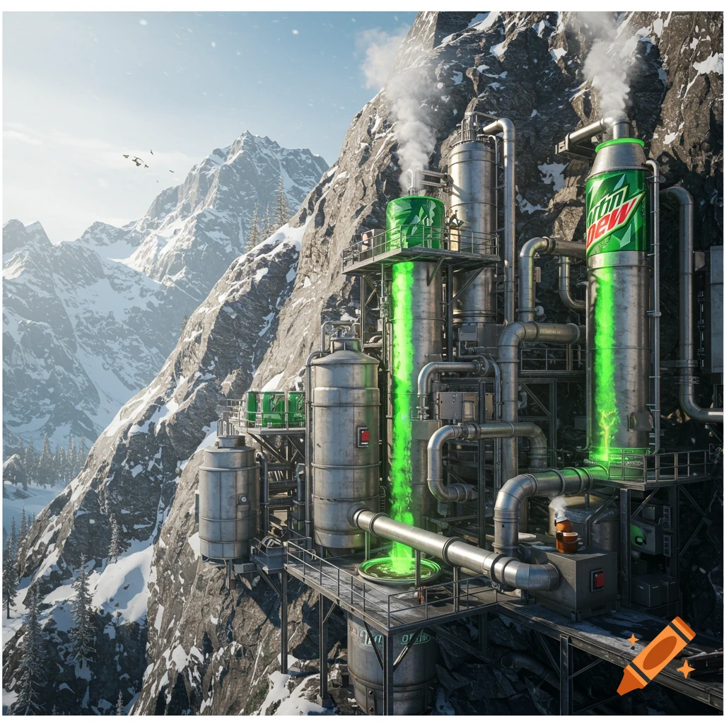 An elaborate industrial factory built onto a snowy mountain, with structures resembling Mountain Dew cans processing glowing green fluid.