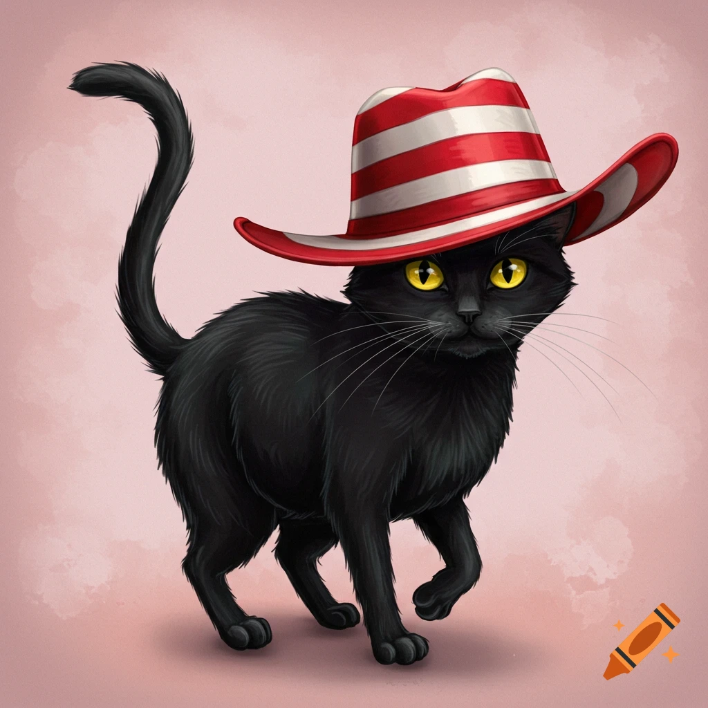 A black cat wears a tall red and white striped hat.