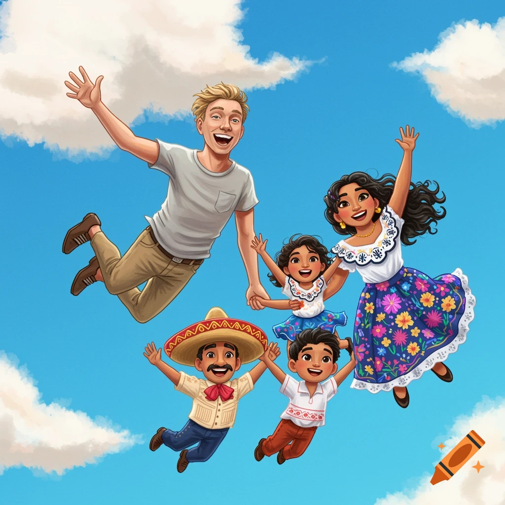 A diverse family, including a white man and a Mexican family, joyfully fly through a bright blue sky with clouds in a cartoon style illustration.