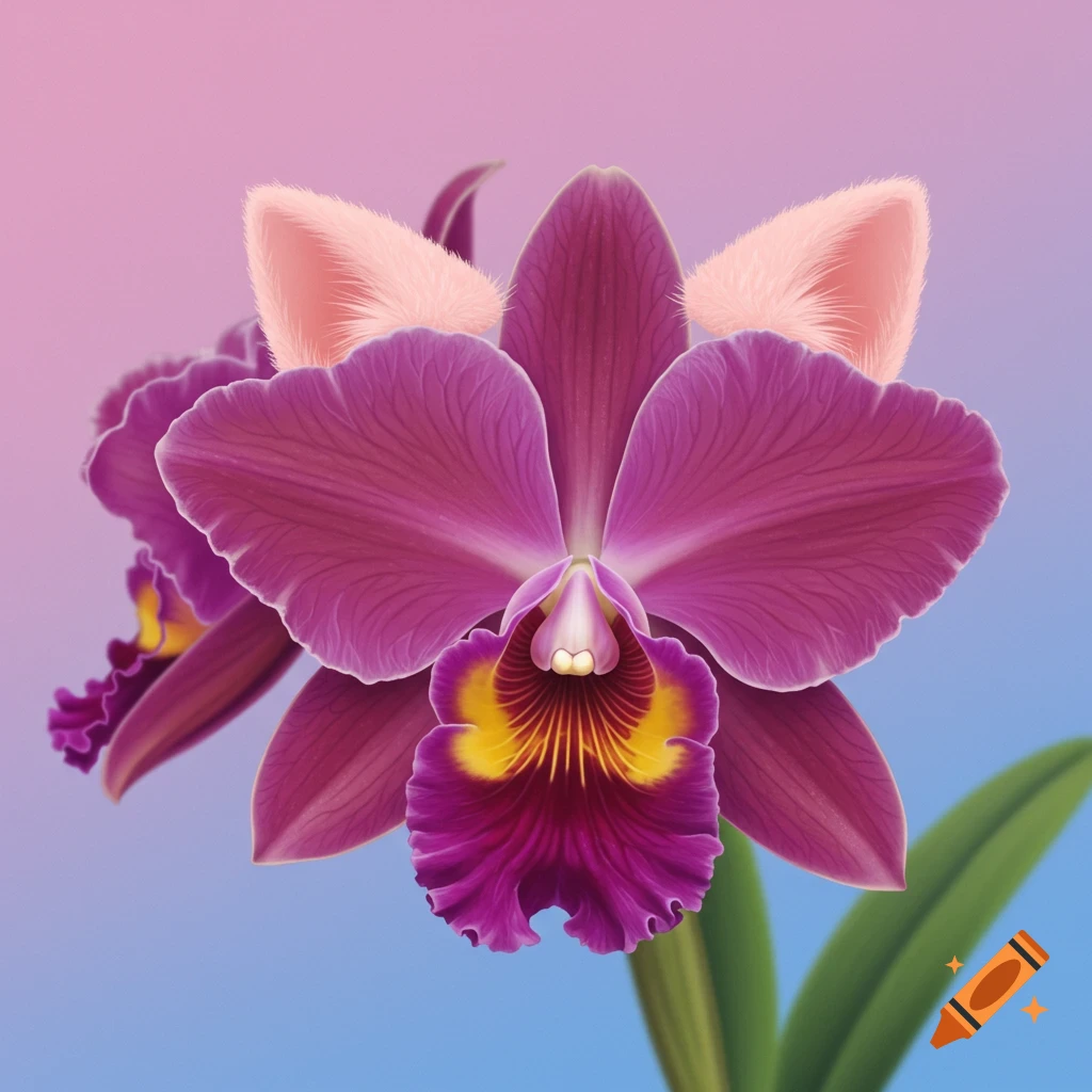 An illustration of a purple orchid flower with pink cat ears