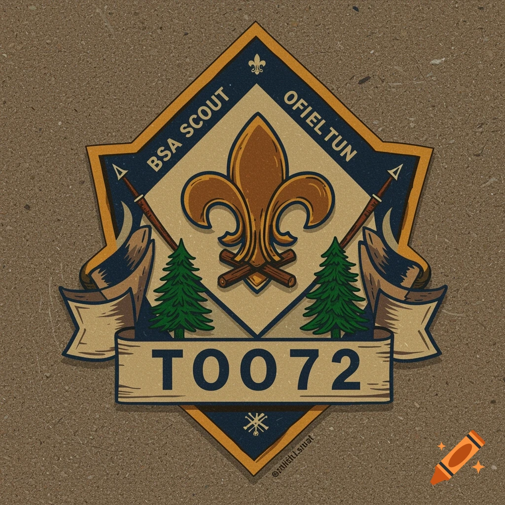 Vintage scouting logo with fleur-de-lis, campfire, trees, and banner text.