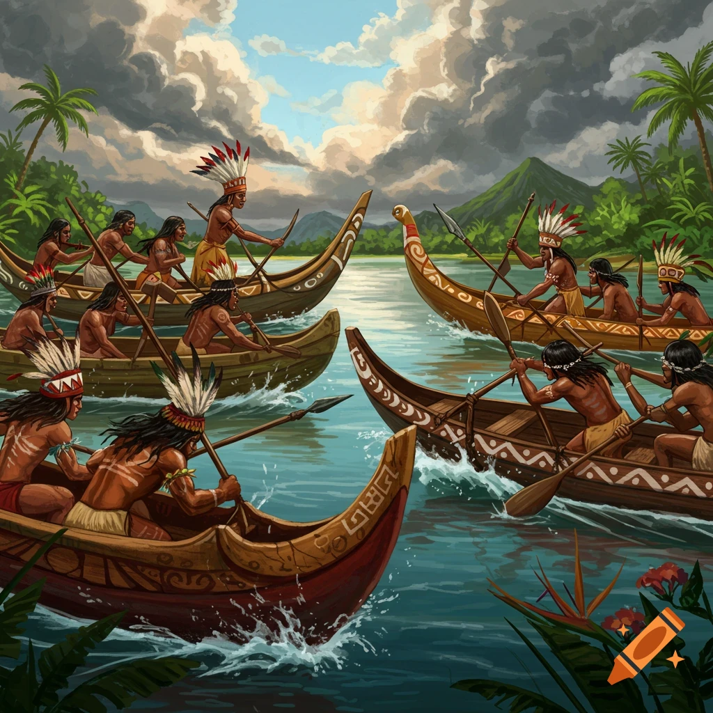 Tribal people in canoes on the water in a vibrant illustration style.