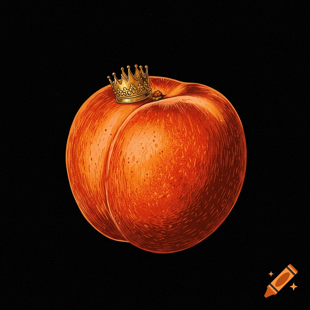 A woodcut illustration of a peach wearing a small gold crown.