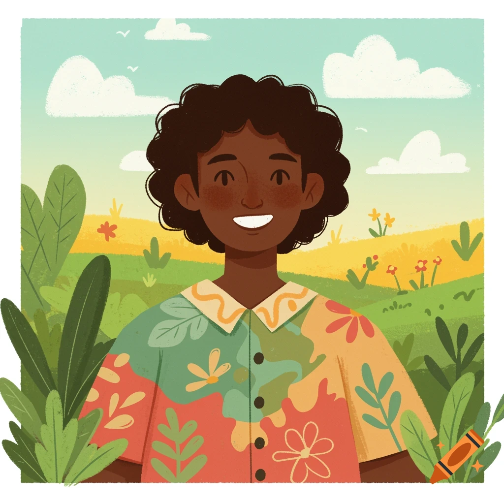 Illustration of a person smiling in a sunny field with plants and clouds.