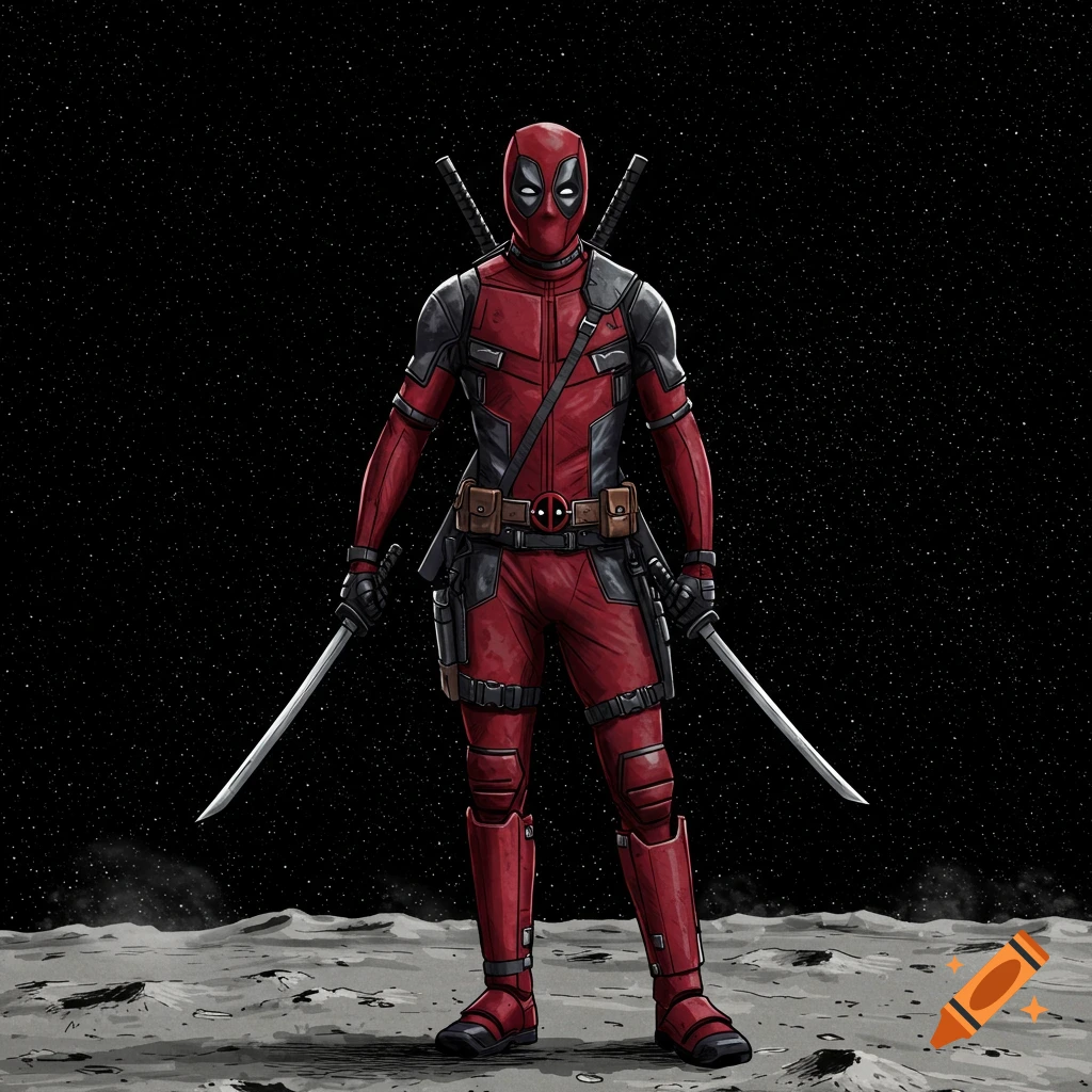 Deadpool stands on the moon holding two katanas against a starry sky.