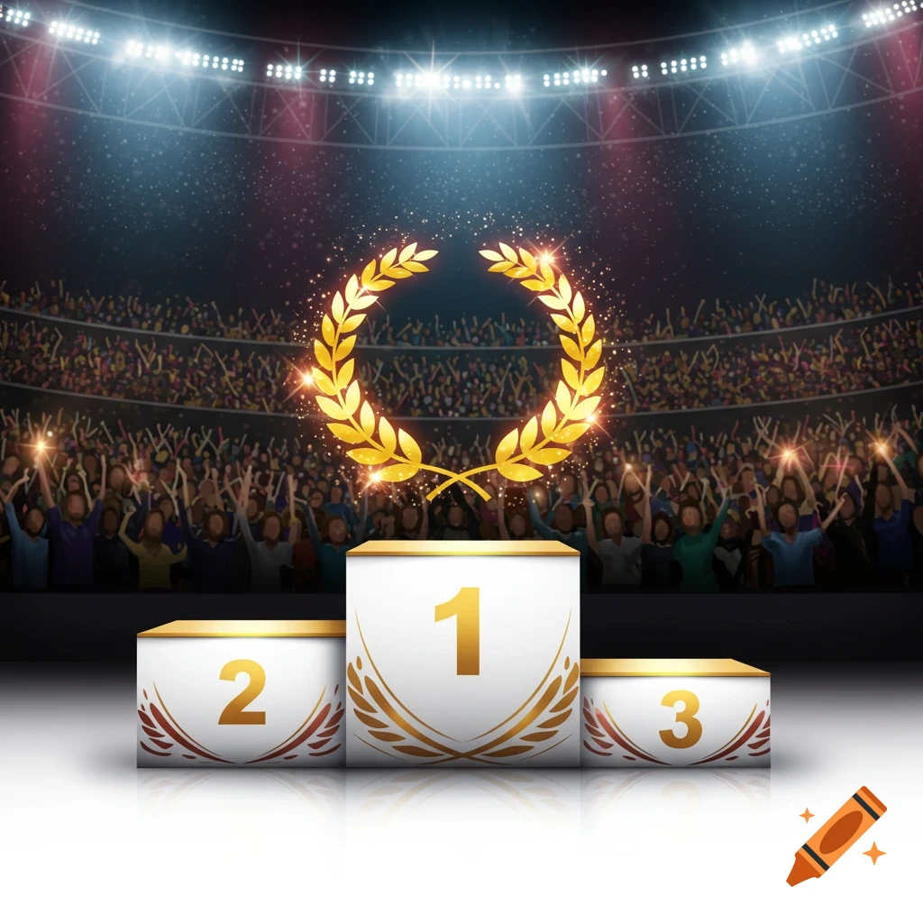 A brightly lit sports stadium with a podium displaying numbers 1, 2, and 3, topped by a golden wreath and a cheering crowd.