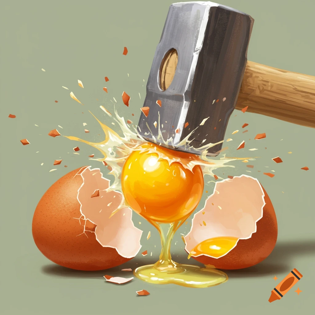 A hammer strikes a chicken egg, breaking the shell and splashing the yolk and white.