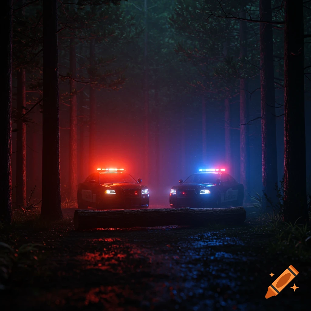 Dark, misty forest with police cars and flashing lights.