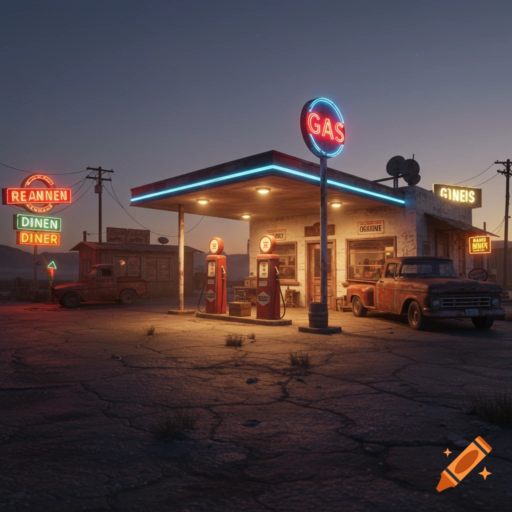 A vintage roadside gas station with neon signs and old pickup trucks at dusk.