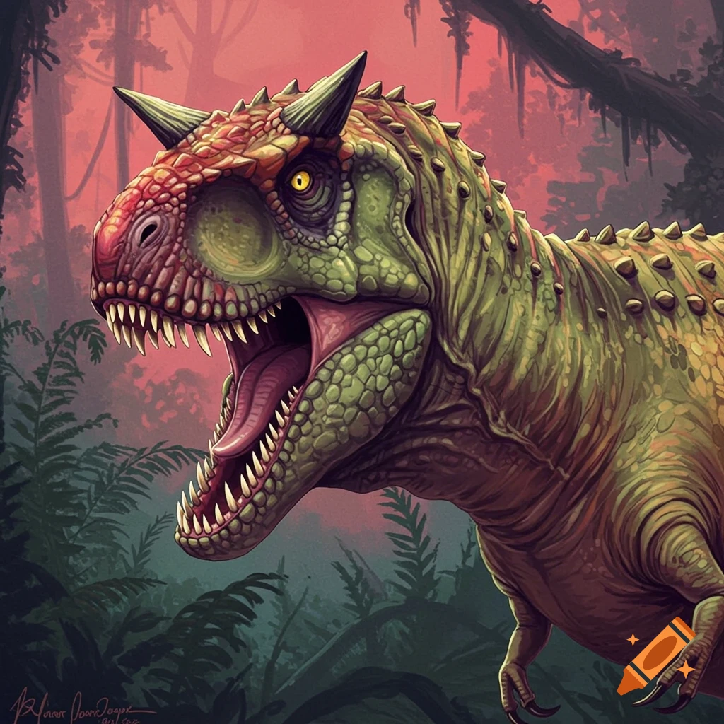 Illustration of a Carnotaurus/T-Rex hybrid dinosaur roaring in a jungle.