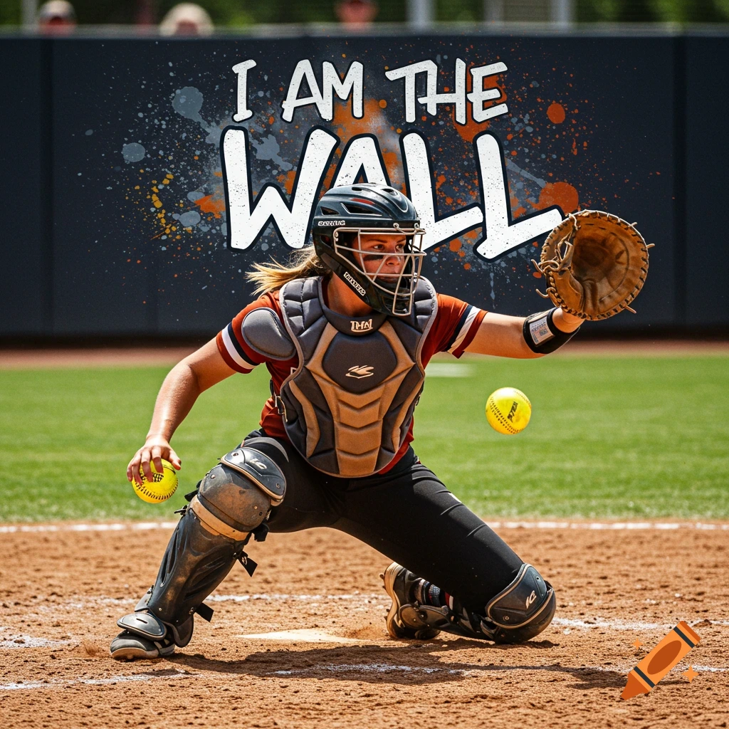 A softball catcher in full gear kneels to catch a ball, with the text "I AM THE WALL!" behind her.
