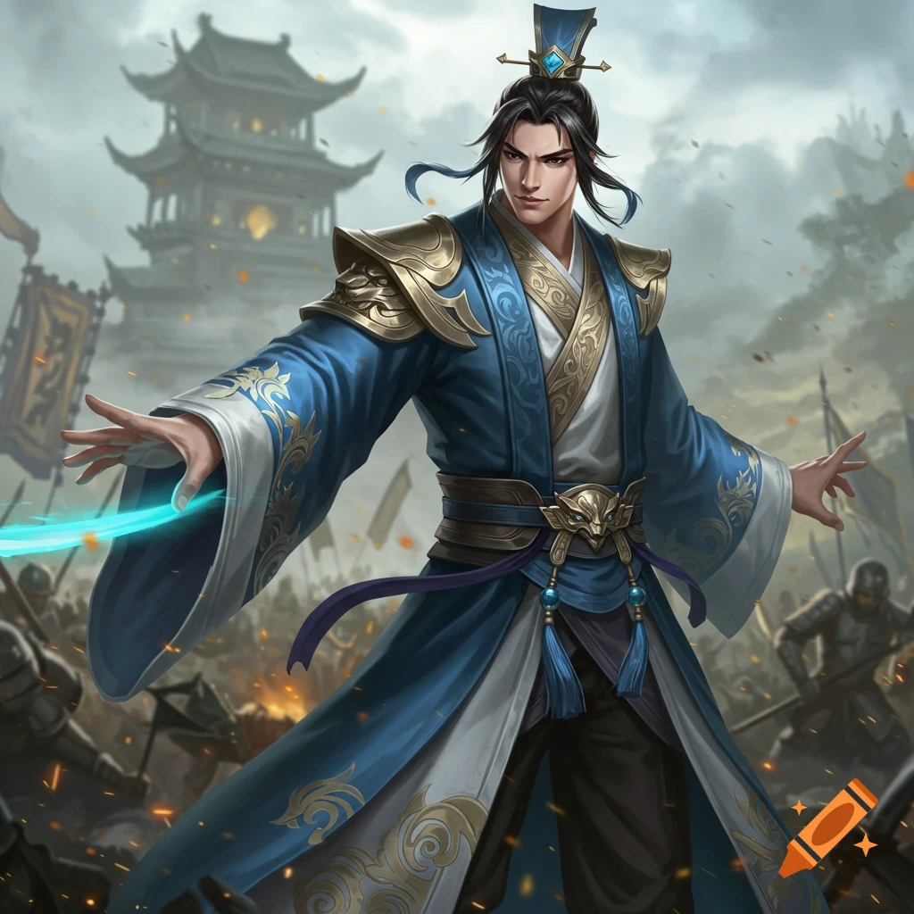 A man in blue and gold historical attire holds out a glowing hand in a battle scene.