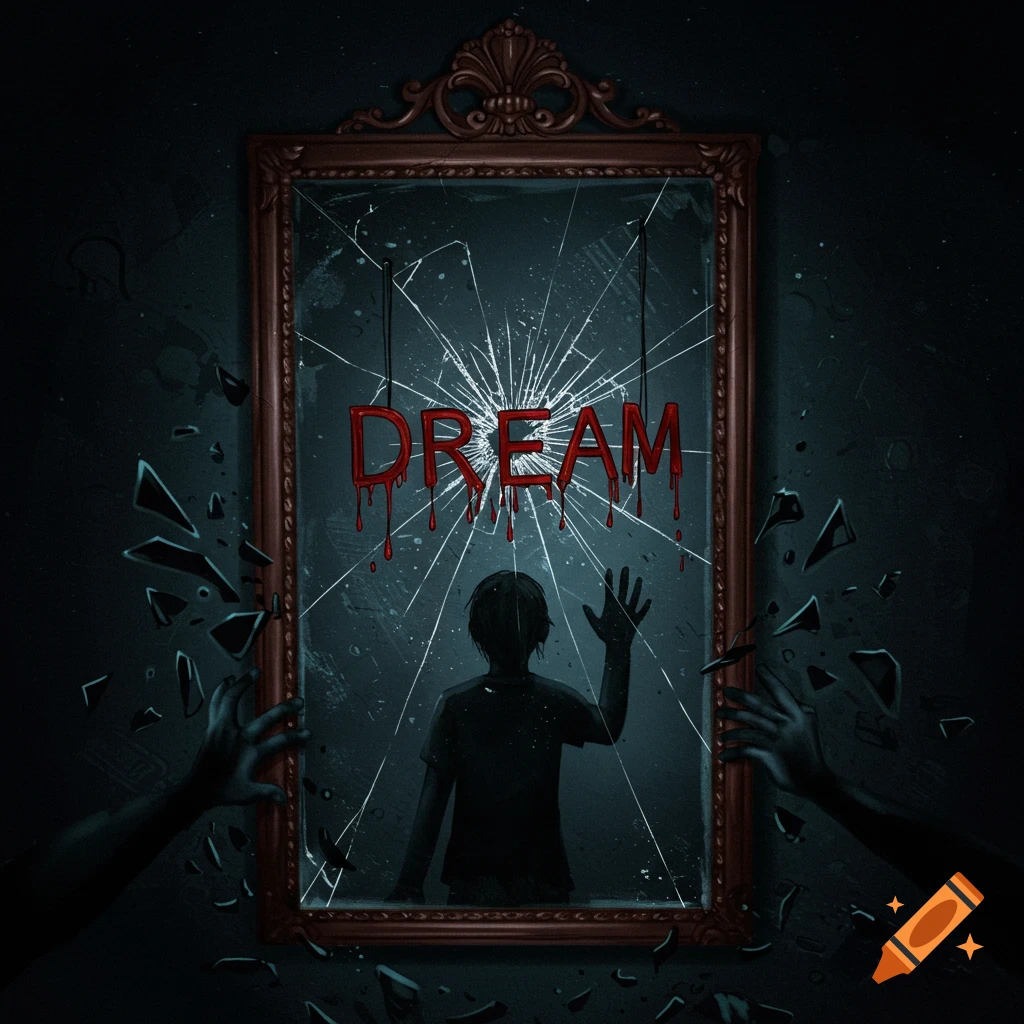 Stylized illustration of a figure looking into a cracked mirror with the word DREAM and shadowy hands.