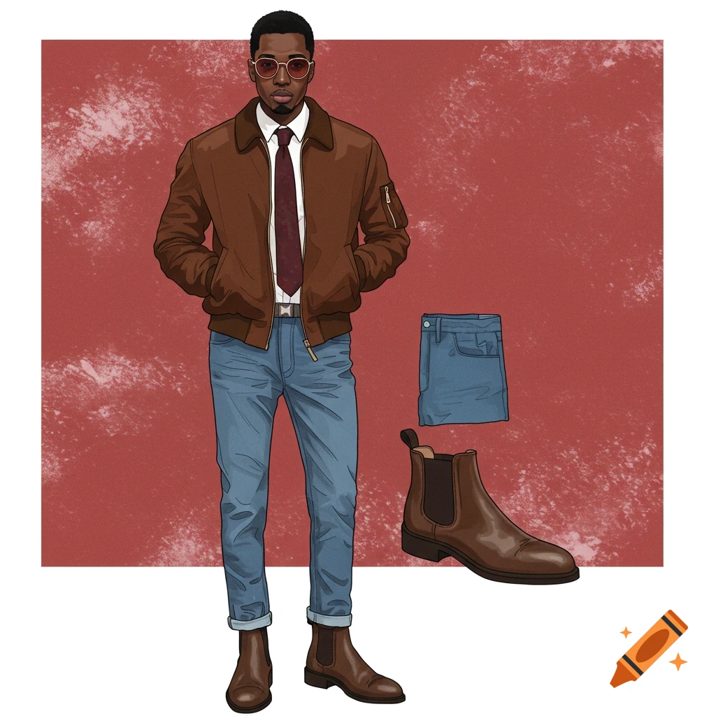 Illustration of a man in a bomber jacket, jeans, and boots with folded jeans and a boot beside him.