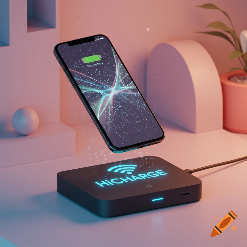 Levitating phone above a wireless charging station that says "HiCharge" in a modern setting.