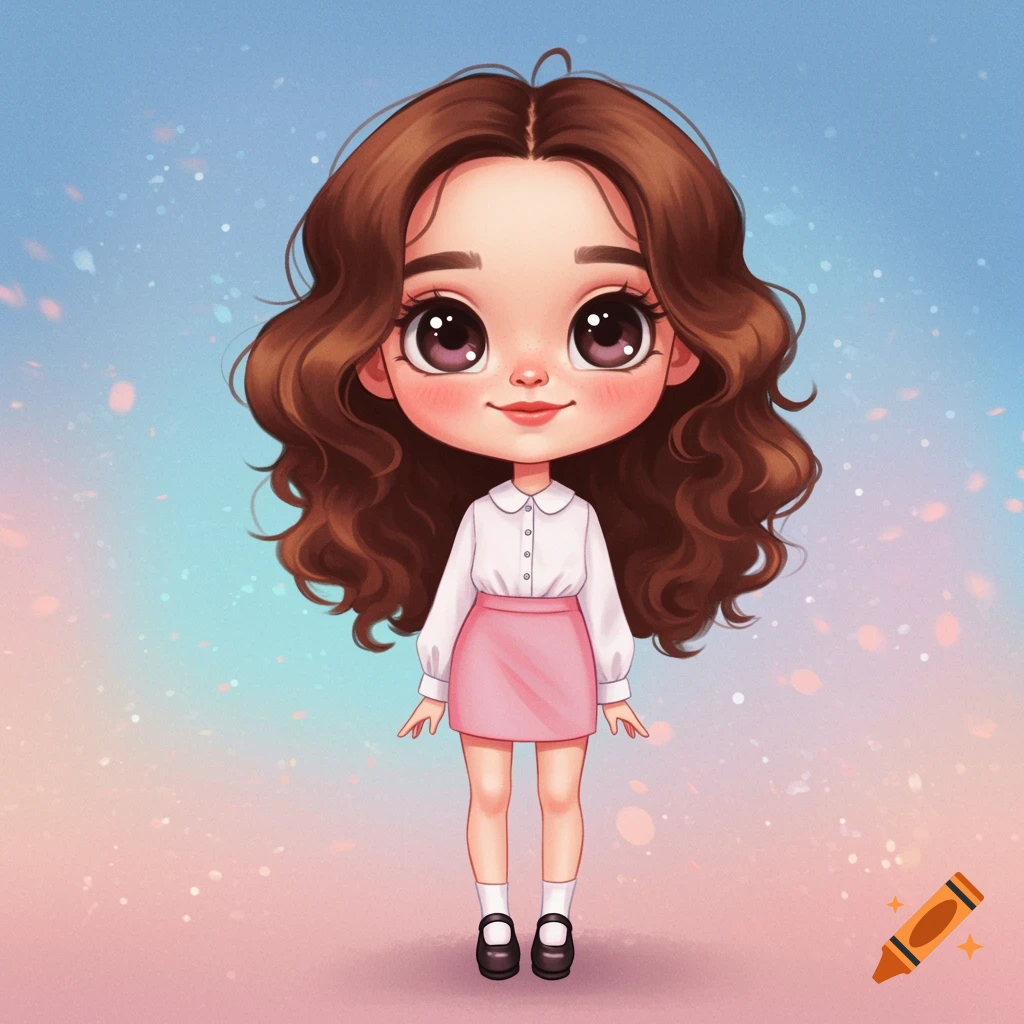 A cute cartoon girl in a white shirt and pink skirt stands against a colorful background.